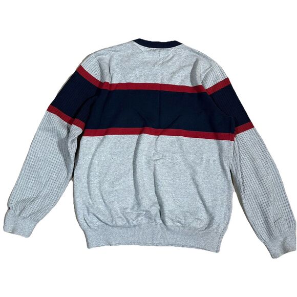 Tommy Hilfiger Men’s XL Spellout ColorBlock Sweater Gray Red Blue Stripe - Picture 9 of 9